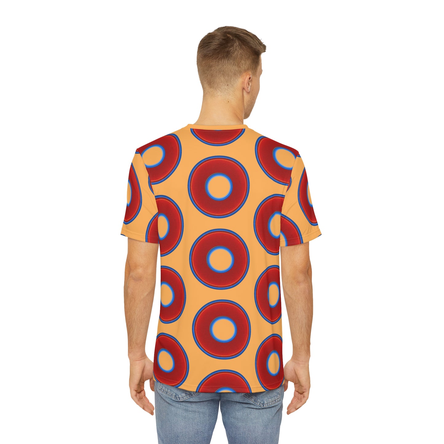 Multi-Beastie Giant Donut AOP Polyester Tee - red vivid donut print w/creamsicle orange background