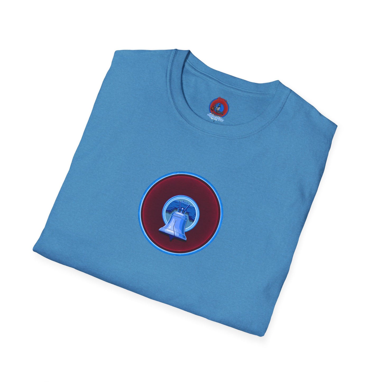 Classic Donut Tee - Unisex Soft-Style - "Brotherly Donuts Jawn" - vivid dark purple-red/light blue donut