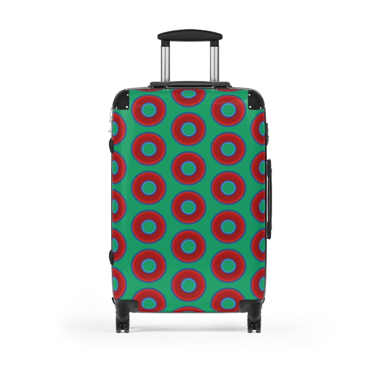 The Very Lumpy Donut Suitcase series - your choice of S, M or L - vivid red donut print w/jade green background