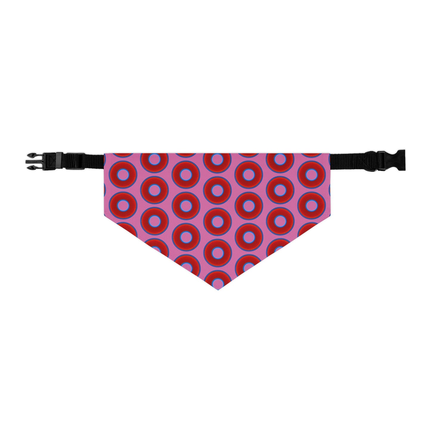 Jim's Lumpy Bandana Pet Collar - vivid red donuts w/pink background