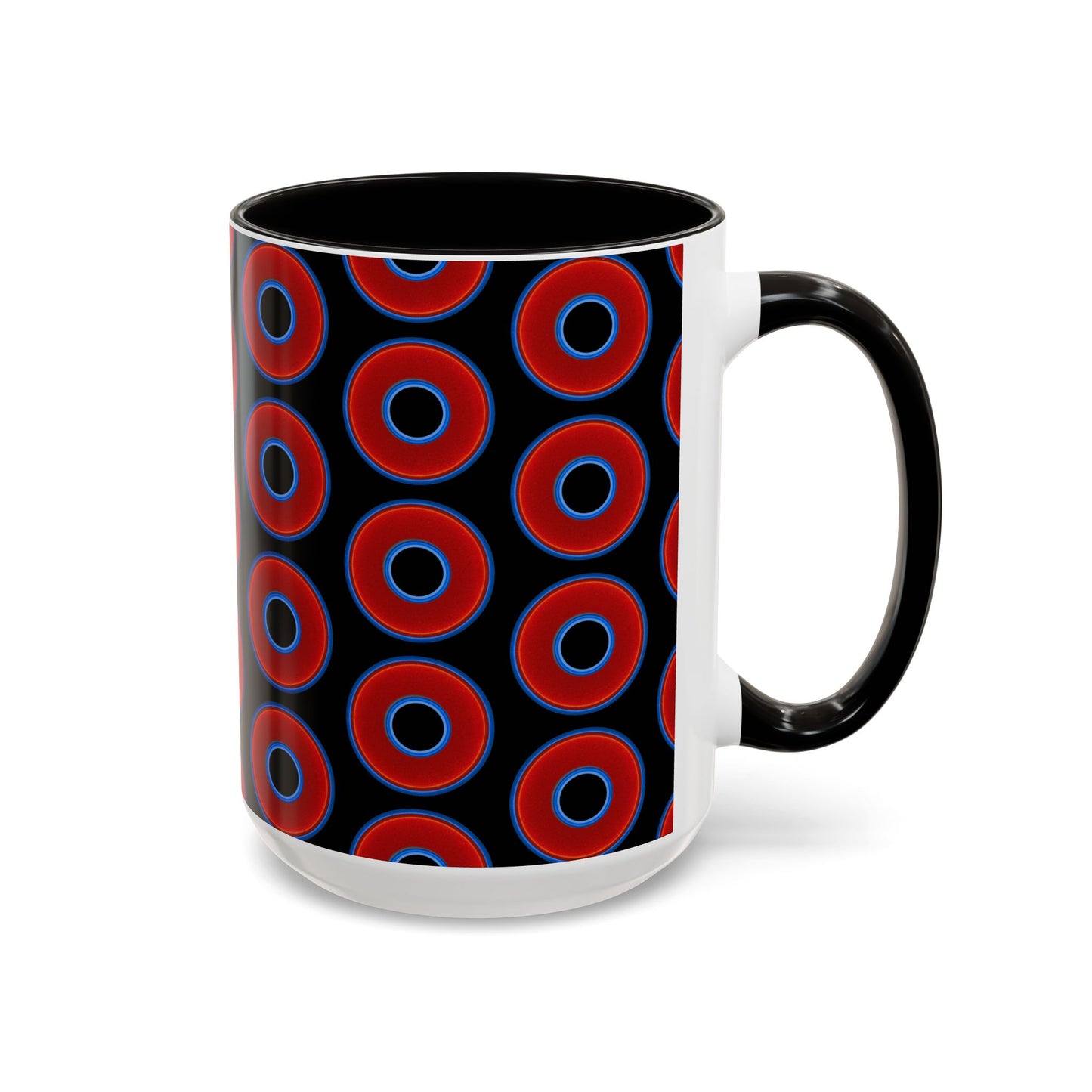 Lump's Grumpy Coffee Mug - vivid red donuts w/black background