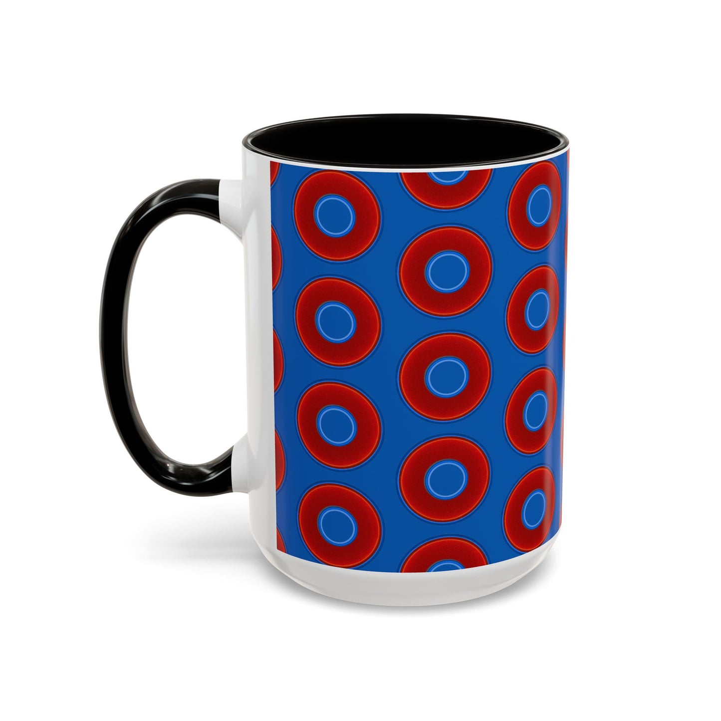 Lump's Grumpy Coffee Mug - vivid red donuts w/dark royal blue background