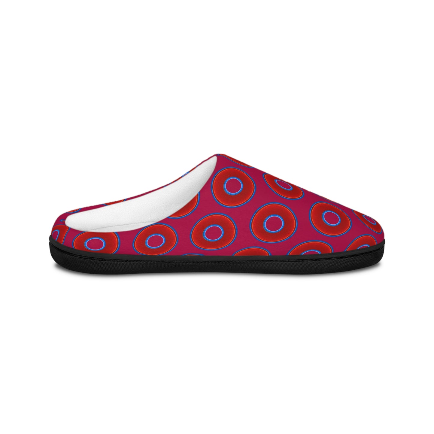 Women's Lumpy Slippers - red vivid donut print w/dark magenta background