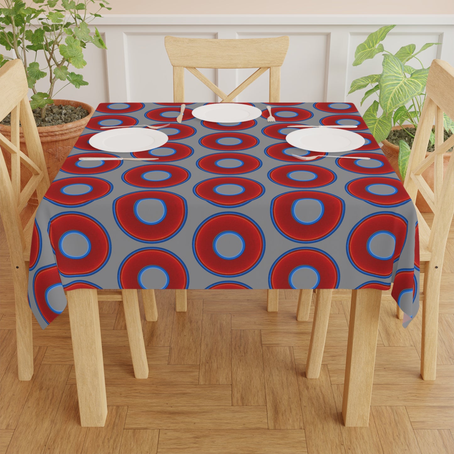Lumpy Tablecloth - 55.1" x 55.1" - vivid red donuts w/gray background
