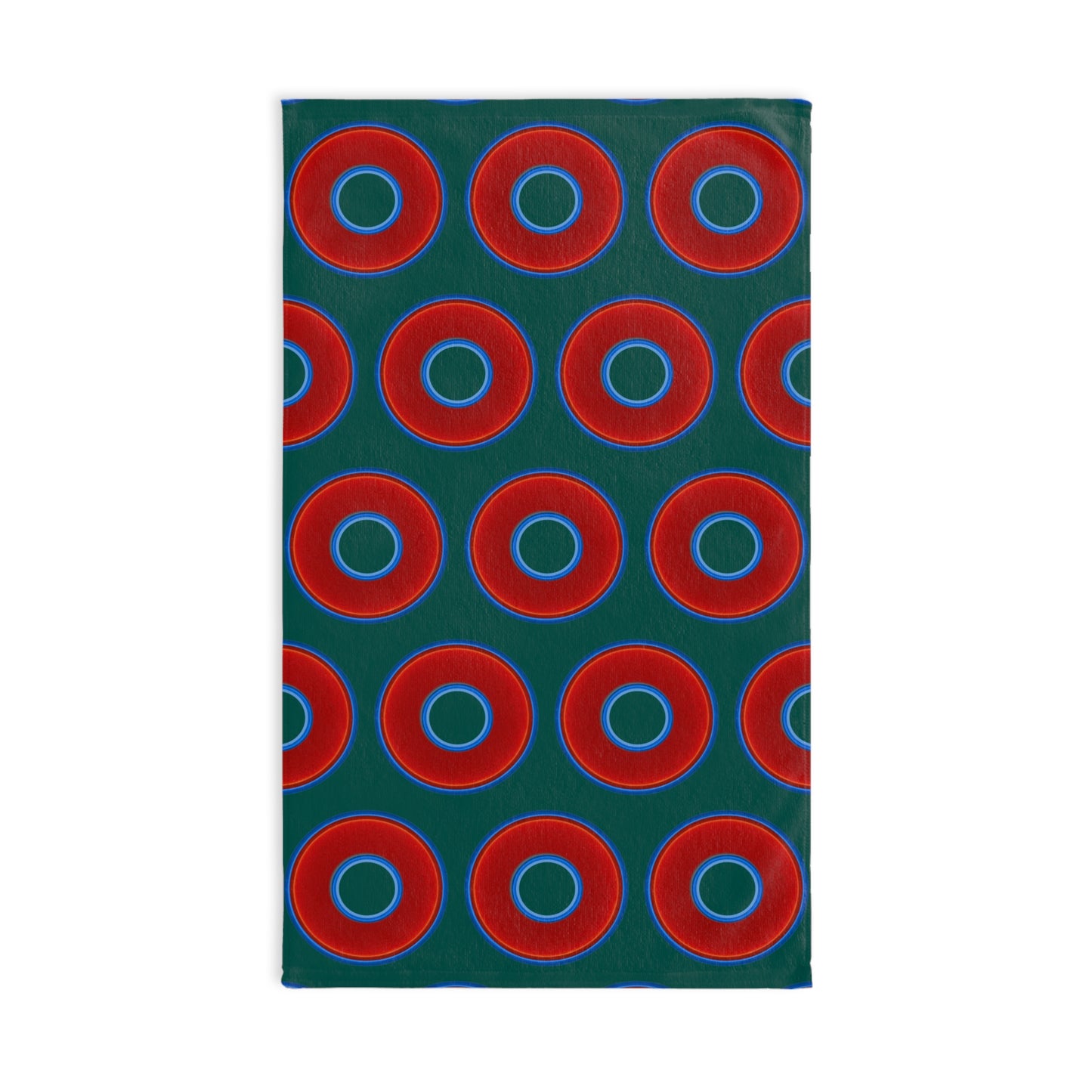 Lumpy Kitchen/Hand Towels - vivid red donuts w/dark Fenway green background