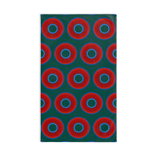 Lumpy Kitchen/Hand Towels - vivid red donuts w/dark Fenway green background