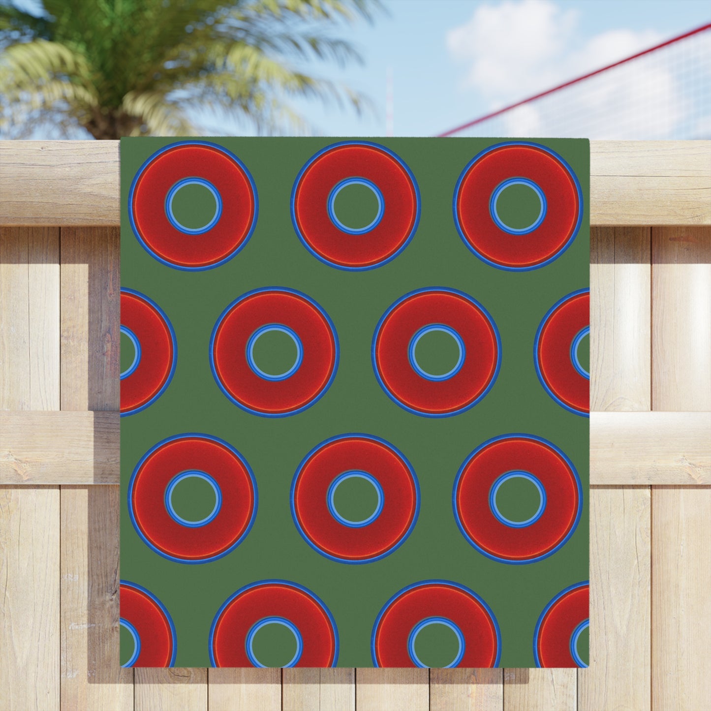 Lumpy Donut Towels - vivid red donuts w/dark green background