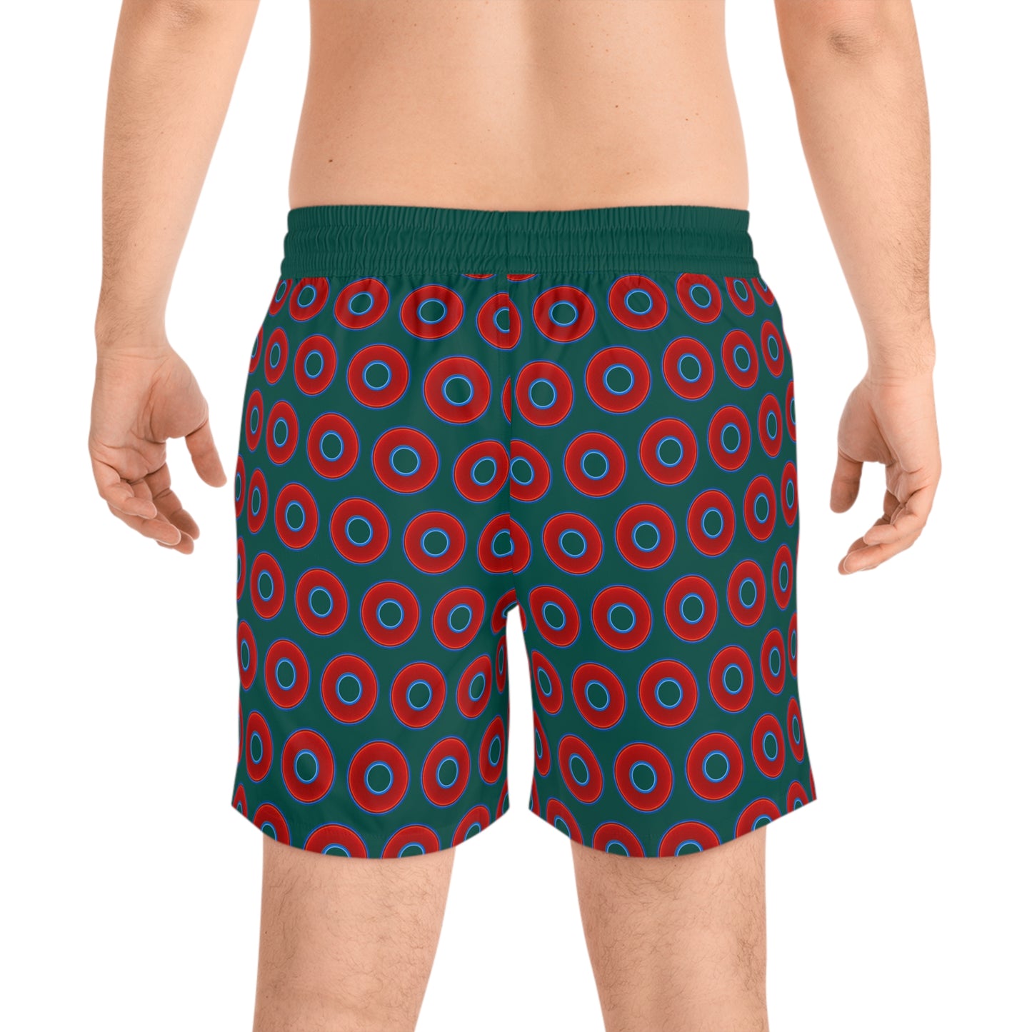 Men's Lumpy Swim Trunks - vivid red donut print w/dark Fenway green background