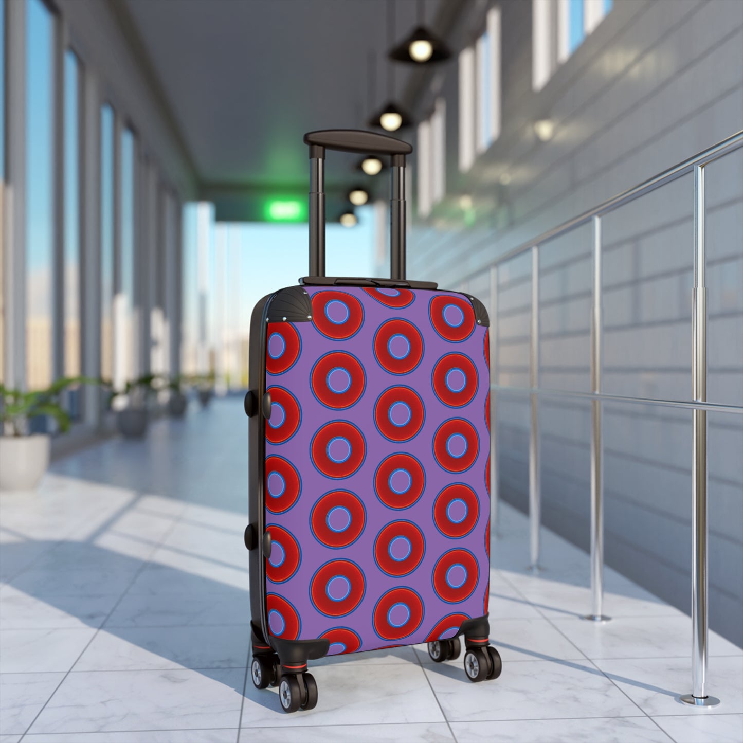 The Very Lumpy Donut Suitcase series - your choice of S, M or L - vivid red donut print w/light purple background
