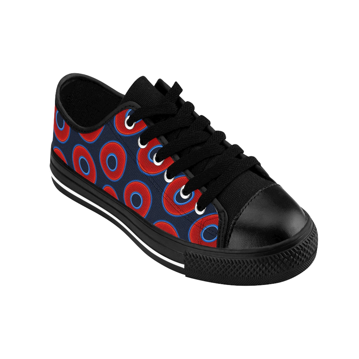 Women's Cushiony Convectors - Low Top - large red vivid donut print w/dark teal elite blue background