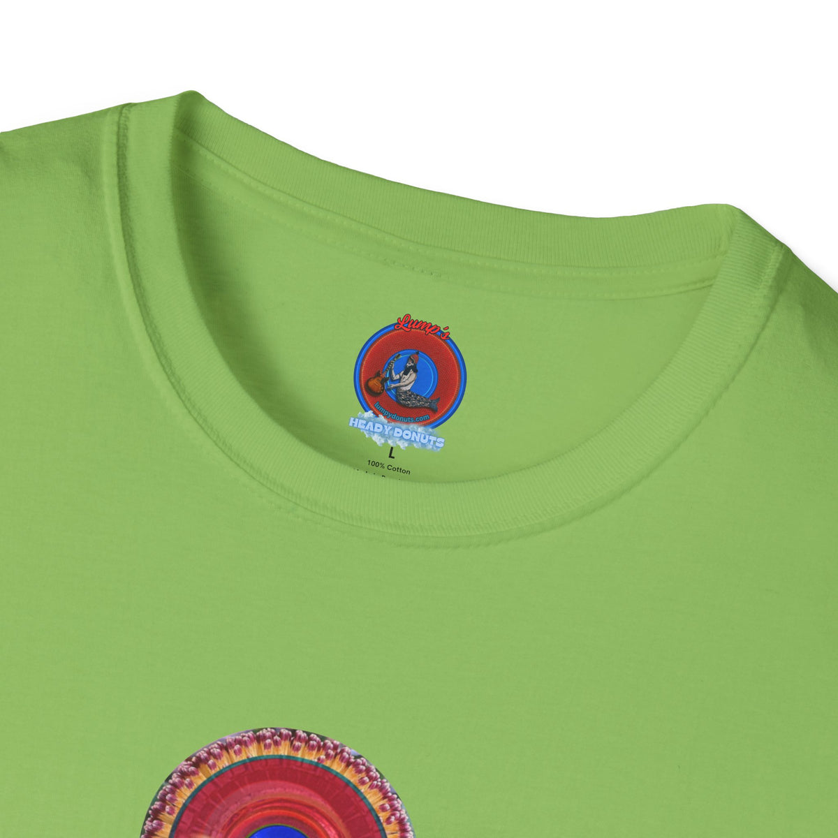 Classic Donut Tee - Unisex Soft-Style - "Smell the Donuts Outside on my Lawn"  " variant 2 - blue donut on red donut/flower