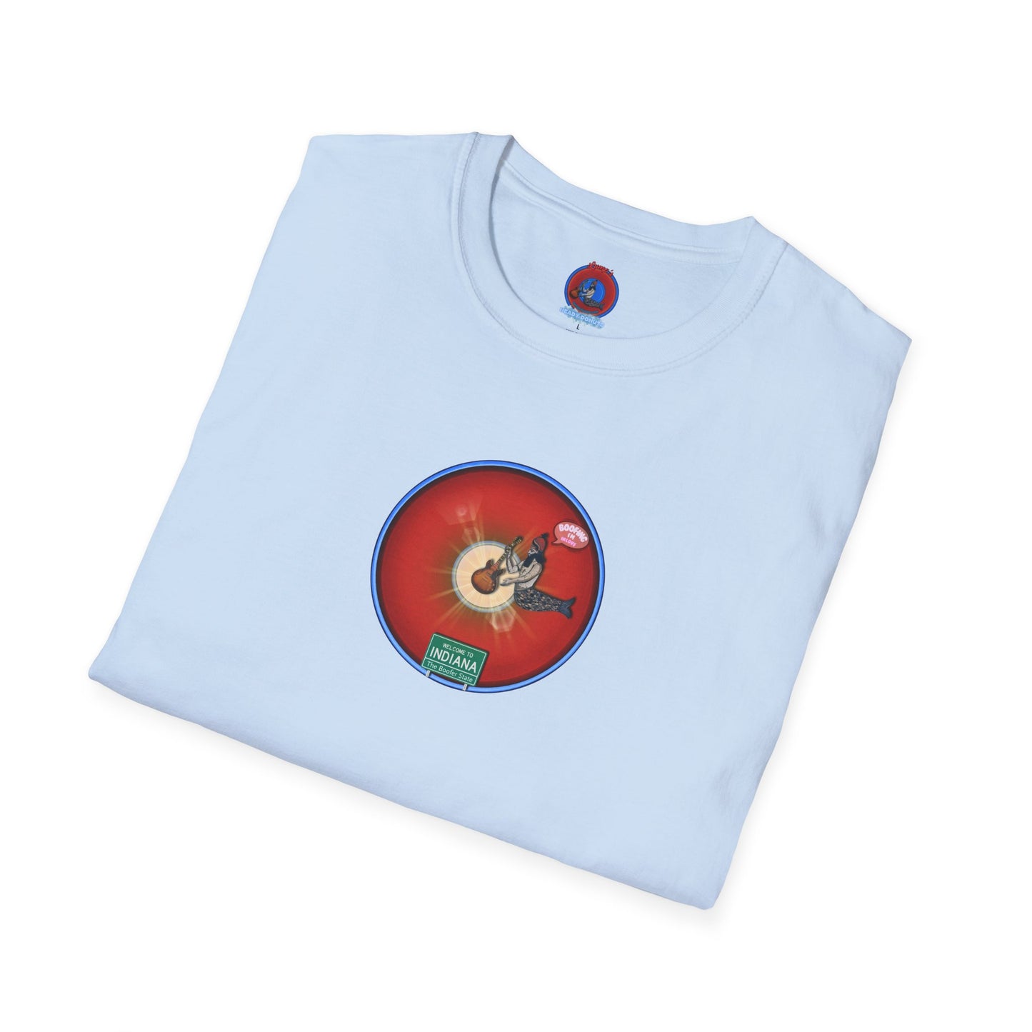 Classic Donut Tee - Unisex Soft-Style - "Indiana is for Boofers" - vivid red/blue plumpy donut - variant 1 - w/toppings