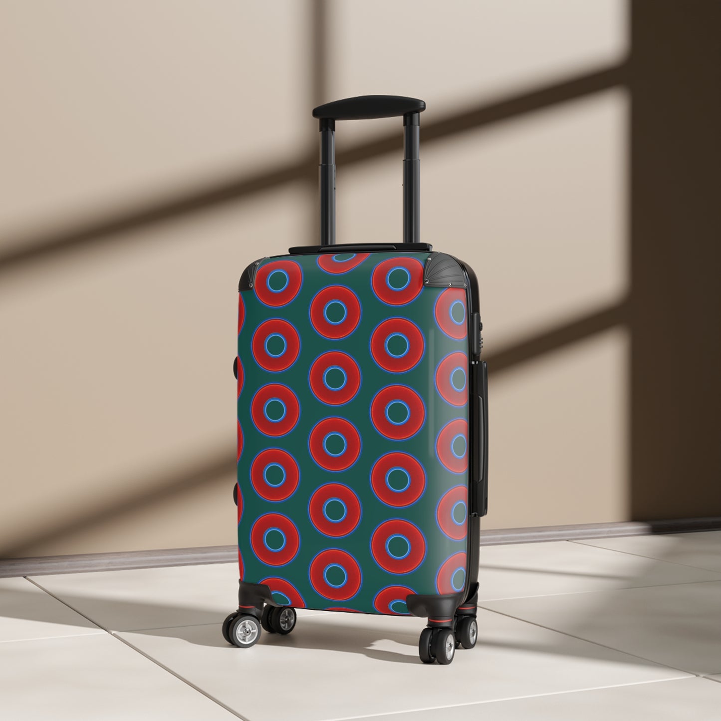 The Very Lumpy Donut Suitcase series - your choice of S, M or L - vivid red donut print w/grayish green background