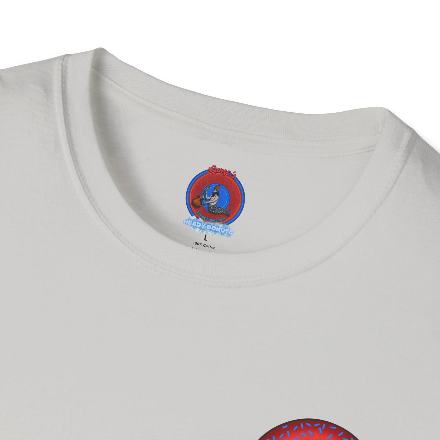 Classic Donut Tee - Unisex Soft-Style - "Plain Plump Donut w/" - plump red donut w/blue sprinkles