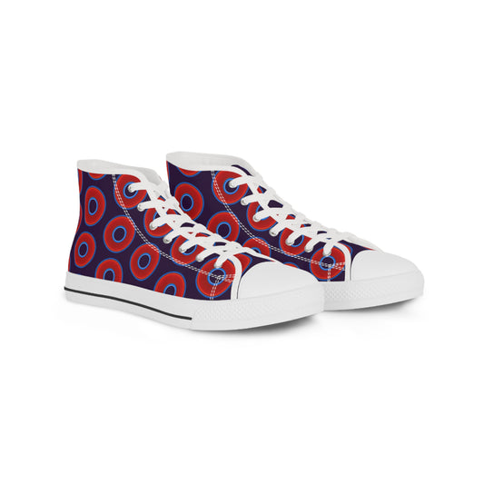 Men's High Top Chucks - large vivid red donut print w/midnight purple background