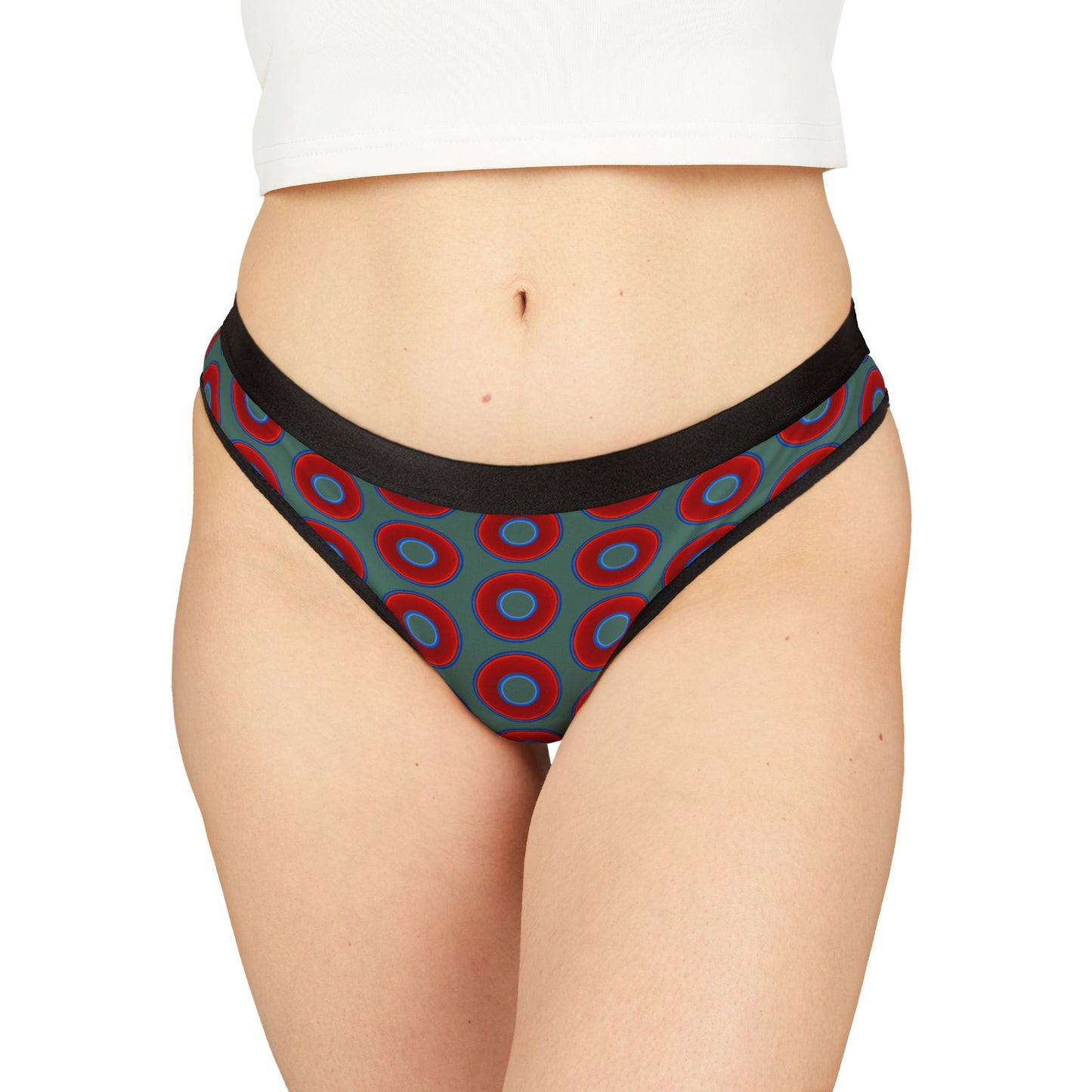 Lumpy Donut Thongs - red vivid donut print w/Fenway green background