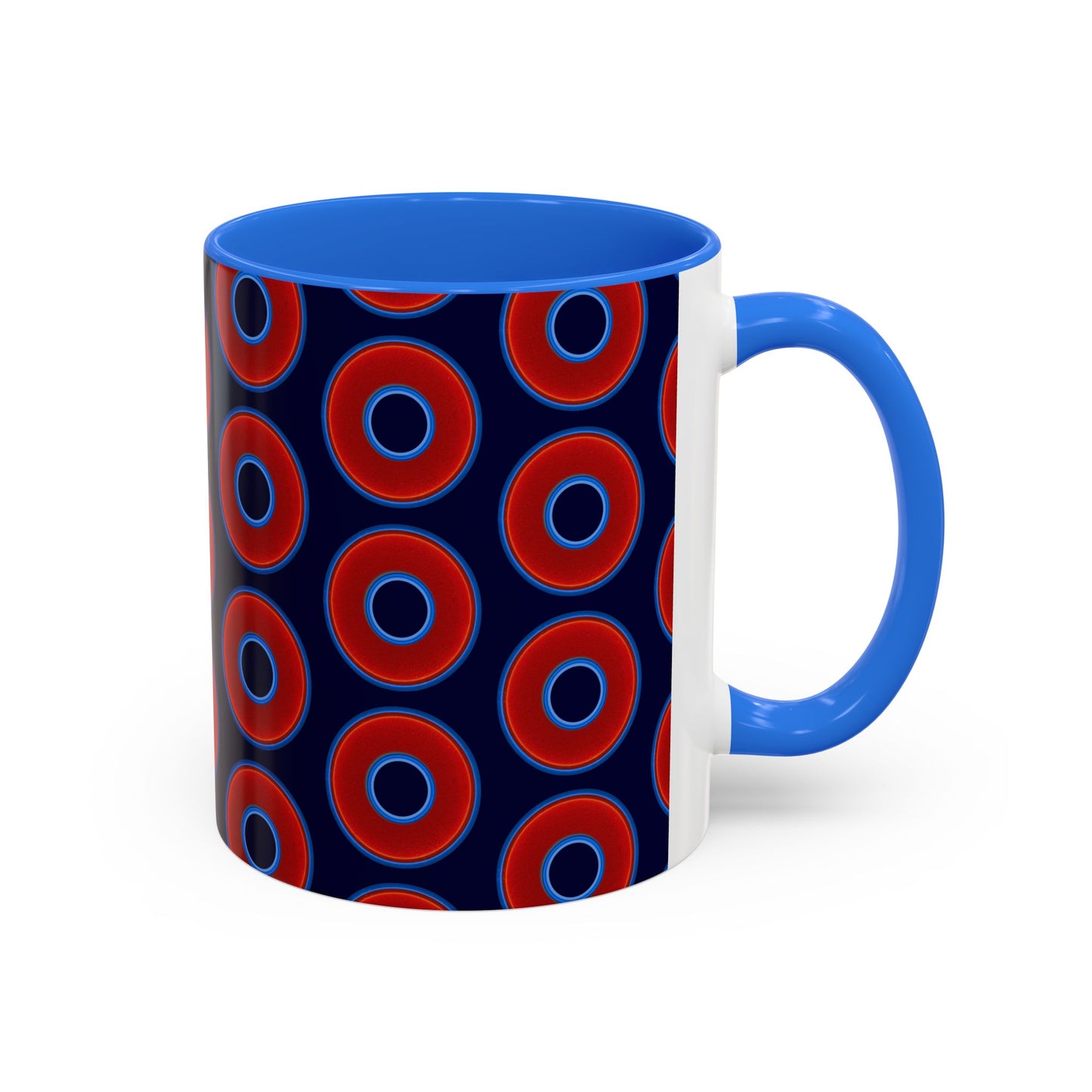 Lump's Grumpy Coffee Mug - vivid red donuts w/midnight blue background