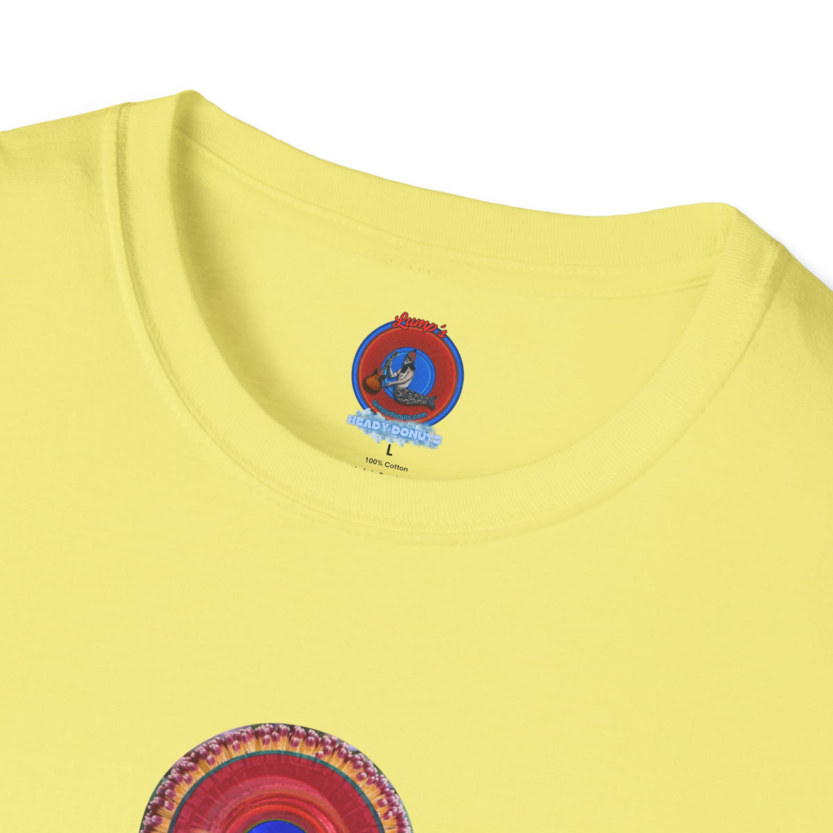 Classic Donut Tee - Unisex Soft-Style - "Smell the Donuts Outside on my Lawn"  " variant 2 - blue donut on red donut/flower