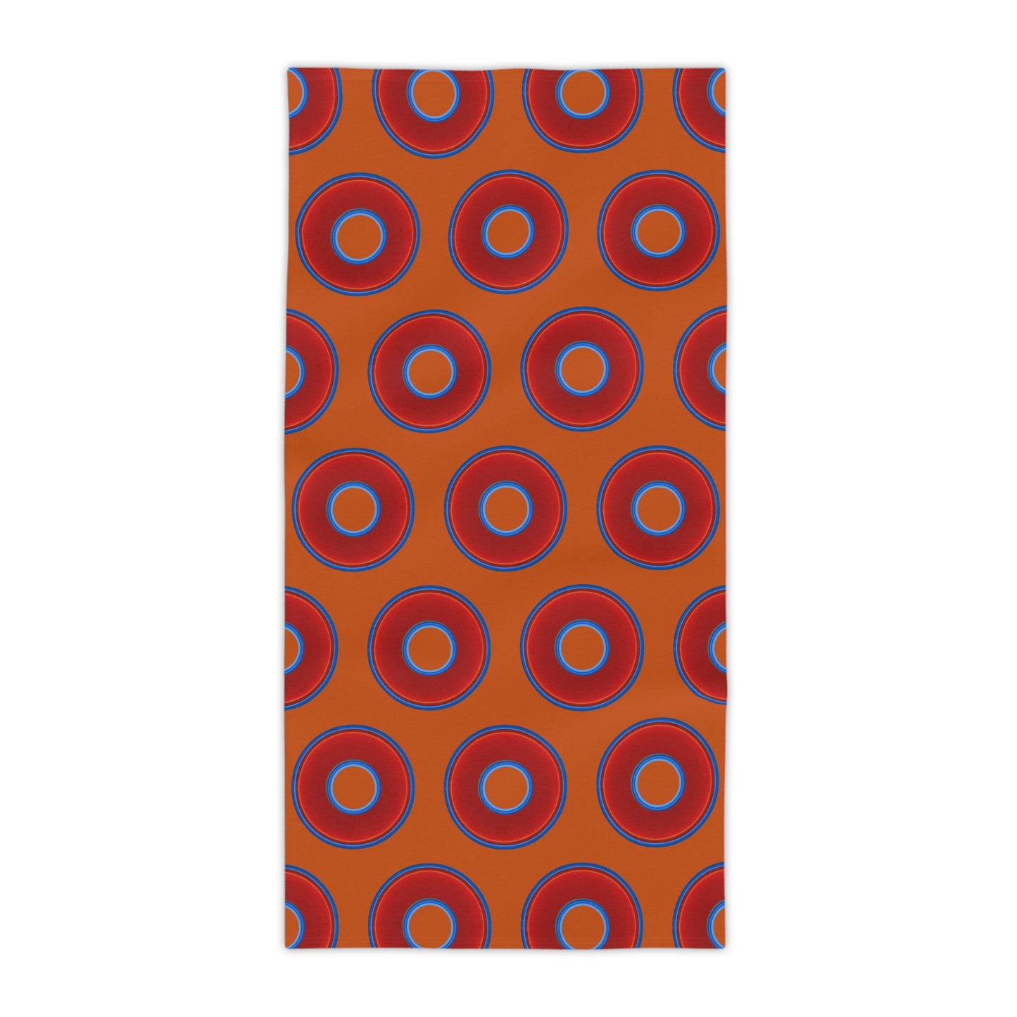 Lumpy Donut Towels - vivid red donuts w/dark orange background