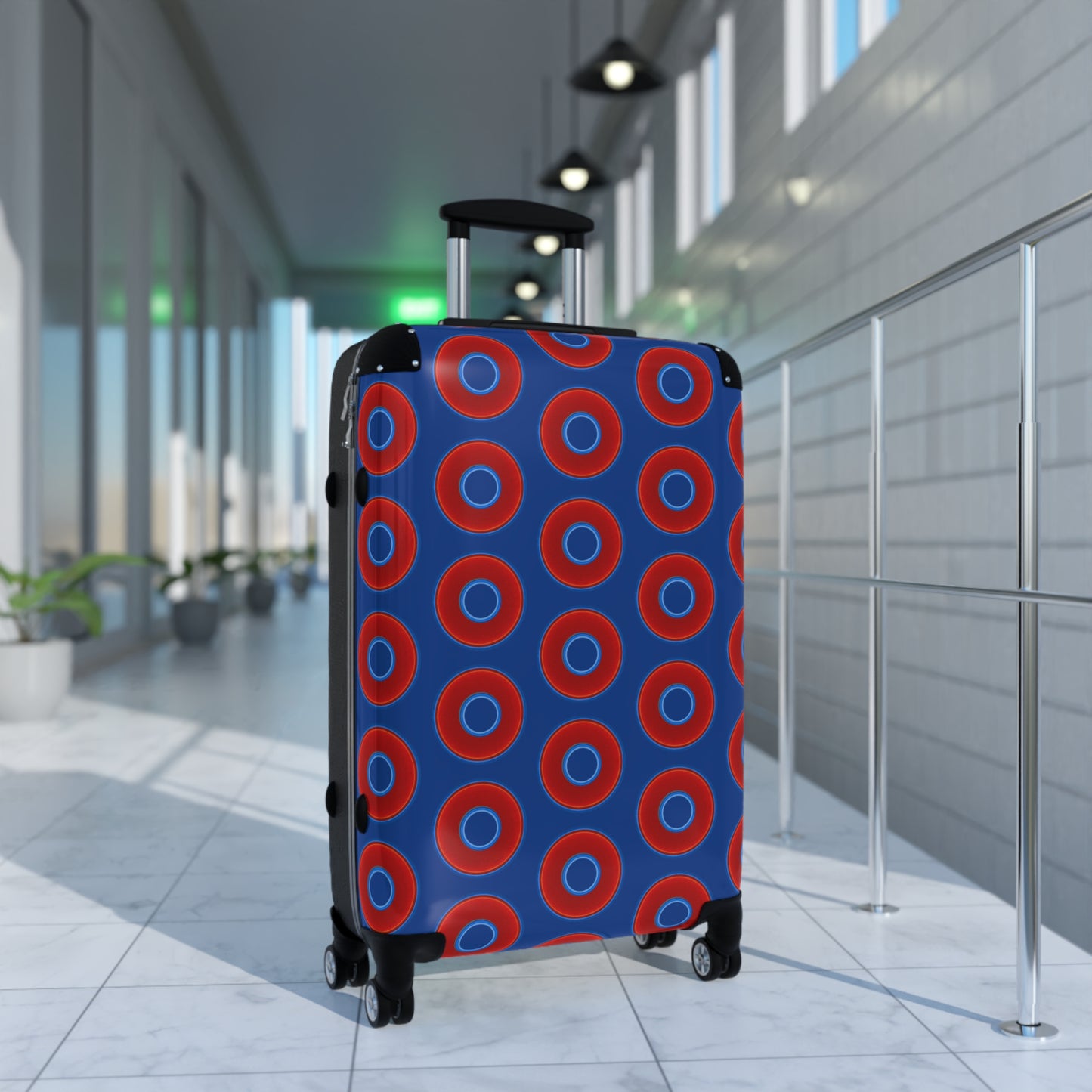 Very Lumpy Donut Suitcase series - your choice of S, M or L - vivid red donut print w/dark blue background