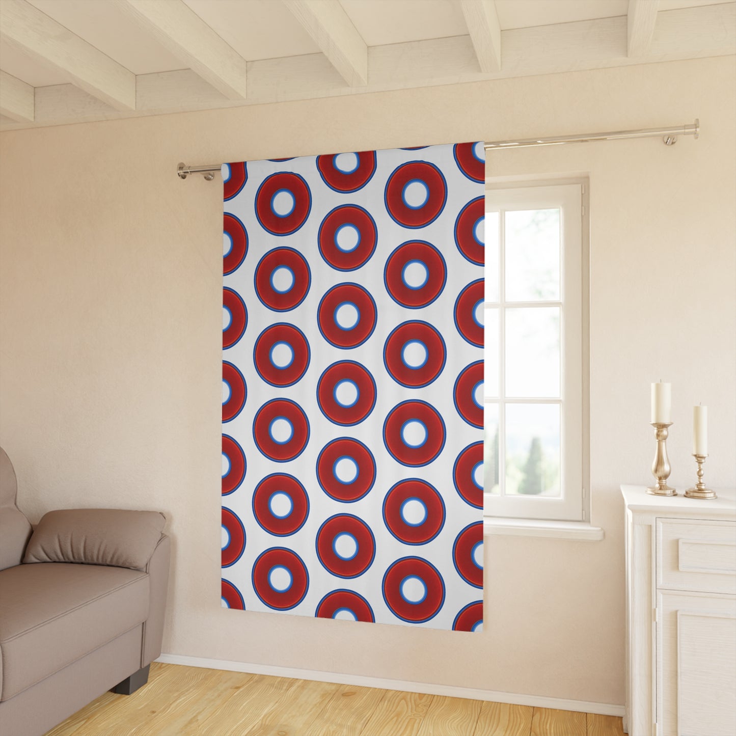 Lump's Heady Curtain w/Donuts - vivid red donut print - w/white background - [*1 Piece / 50" x 84"]