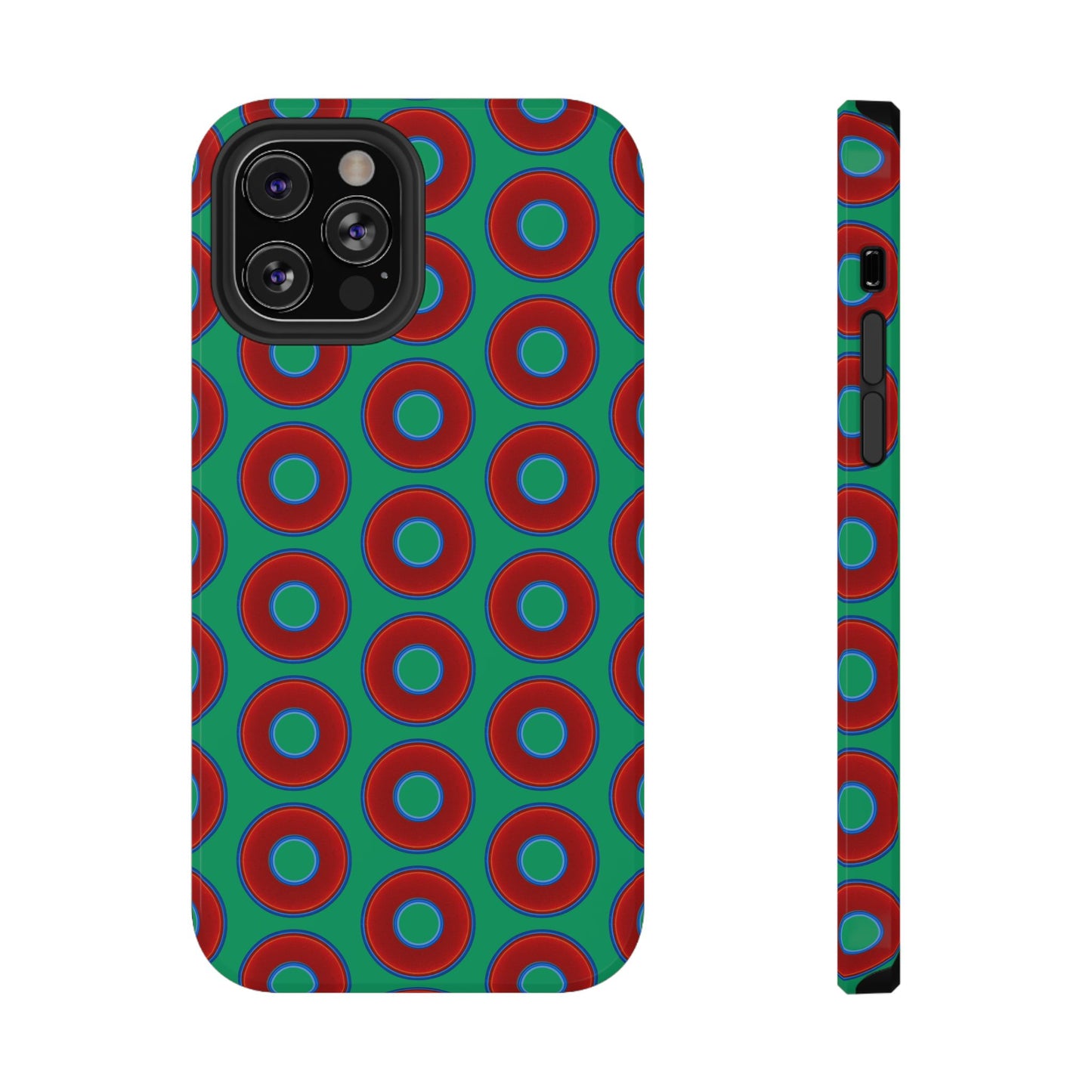 Impact-Resistant Lumpy Donut Case - red vivid donut print w/jade green background