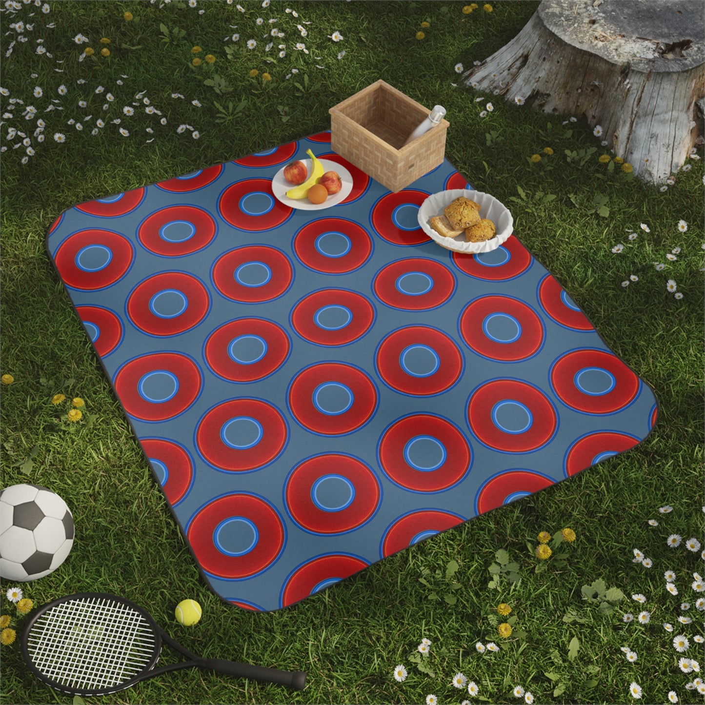 The Lumpy Party Blanket - giant water-resistant outdoor blanket [61" x 51"] - vivid red donuts w/steel blue background