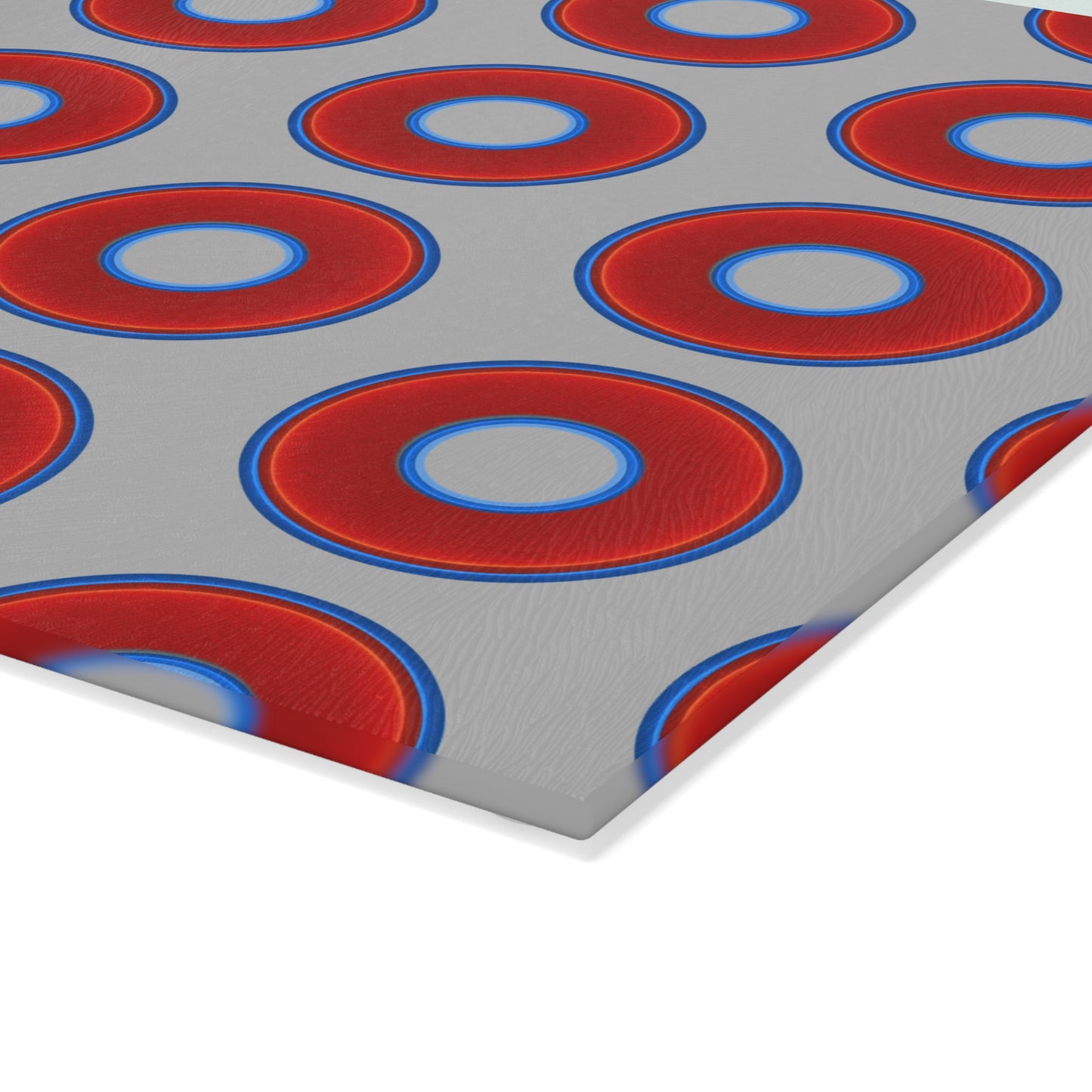 My Friend's Cutting Board - vivid red donuts w/light gray background