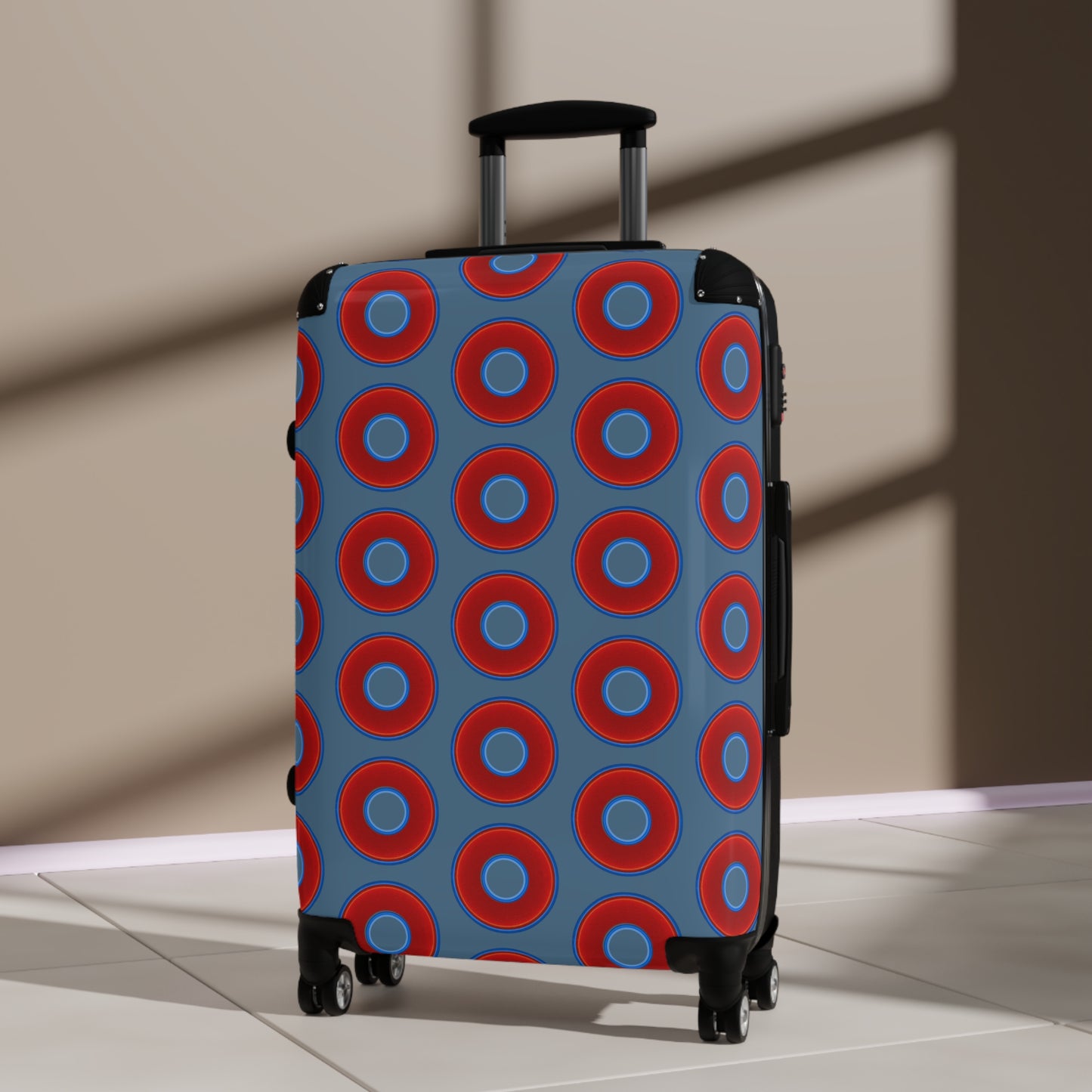 The Very Lumpy Donut Suitcase series - your choice of S, M or L - vivid red donut print w/steel blue background