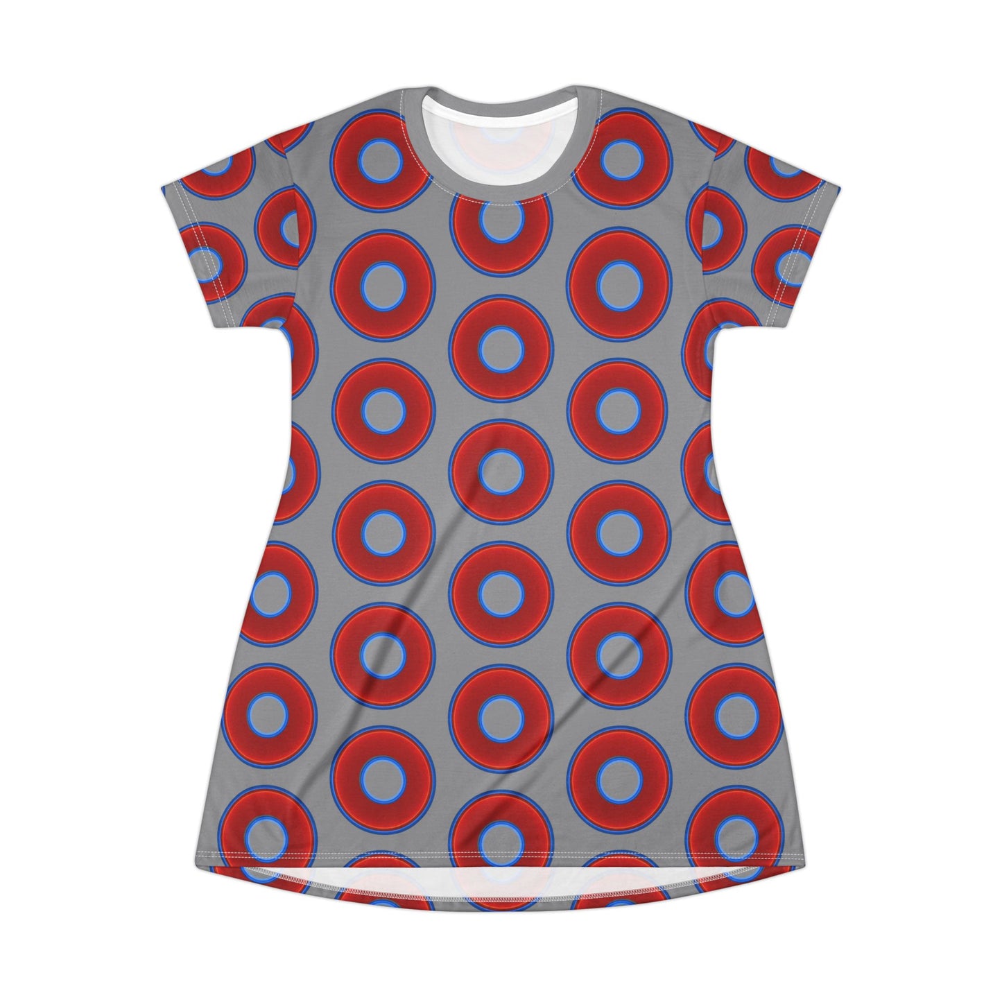 Not a Muumuu AOP Tee Shirt Dress - red vivid donuts w/light gray background