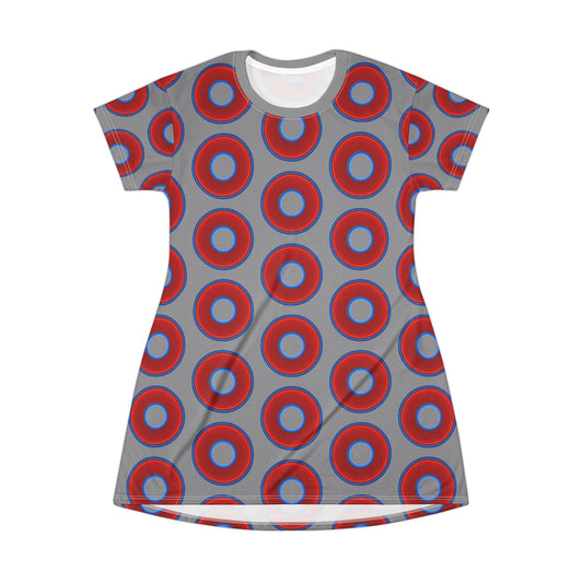 Not a Muumuu AOP Tee Shirt Dress - red vivid donuts w/light gray background