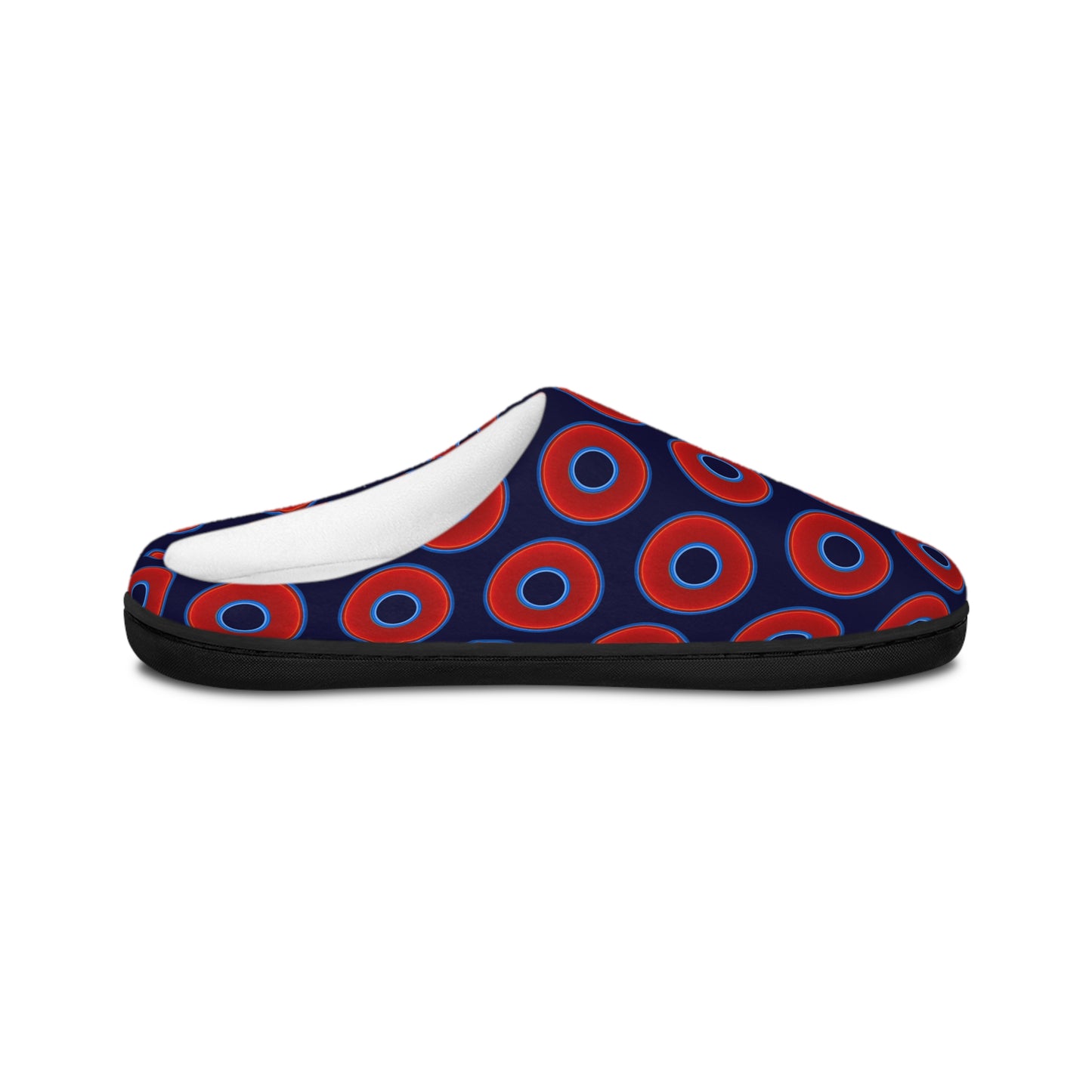 Men's Lumpy Slippers - red vivid donut print w/midnight blue background
