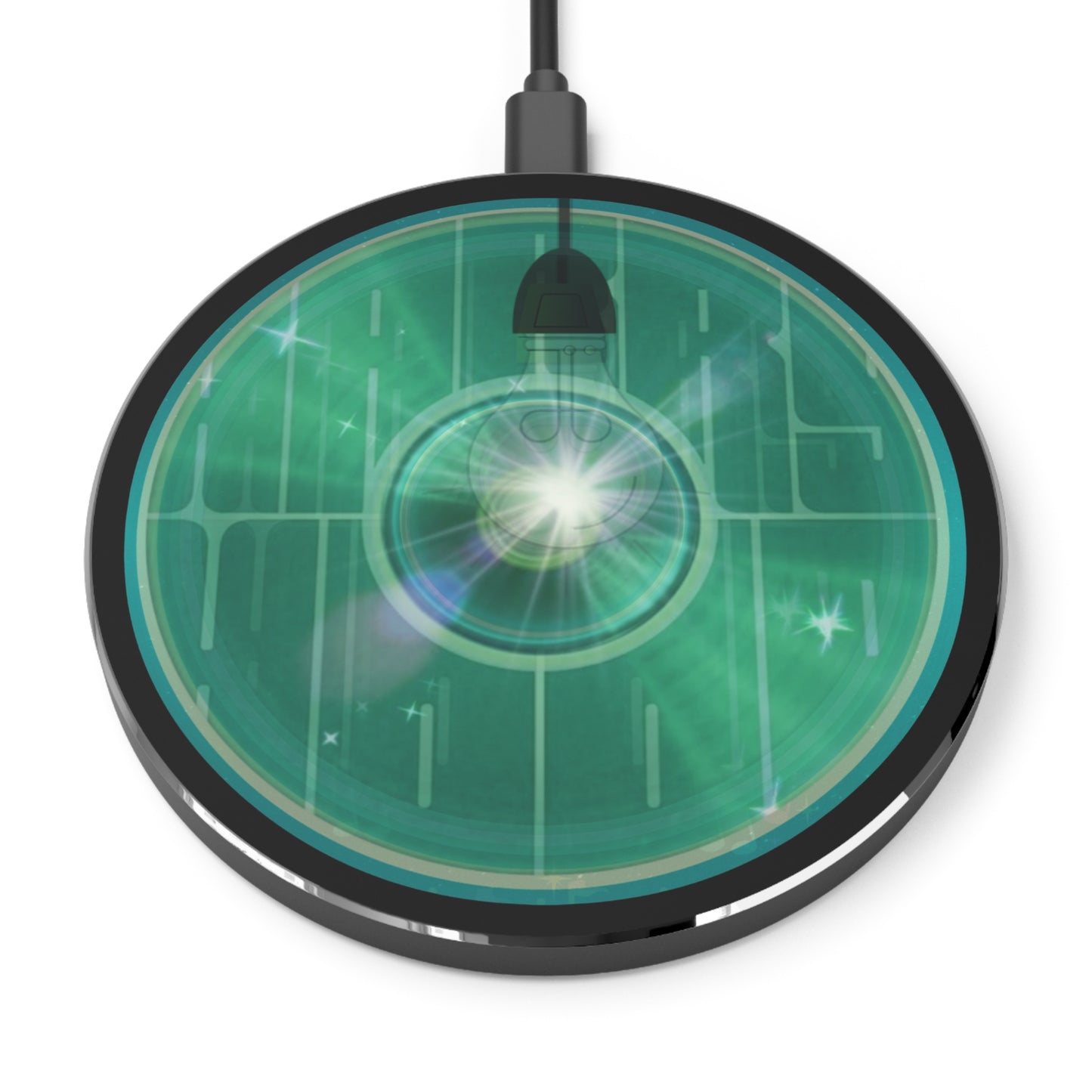 The Flow - Wireless Lumpy Donut Chargers - "Hoodlum's Donut Charger" - vivid green word donut w/light & black background - variant 3