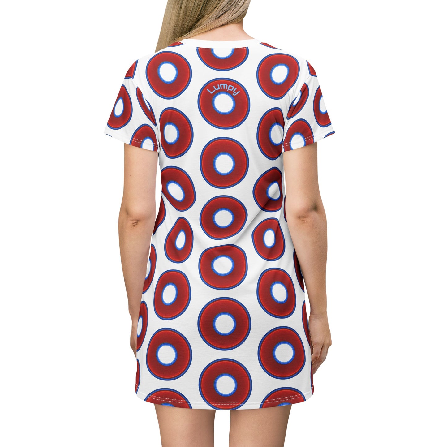 Not a Muumuu AOP Tee Shirt Dress - red vivid donuts w/white background