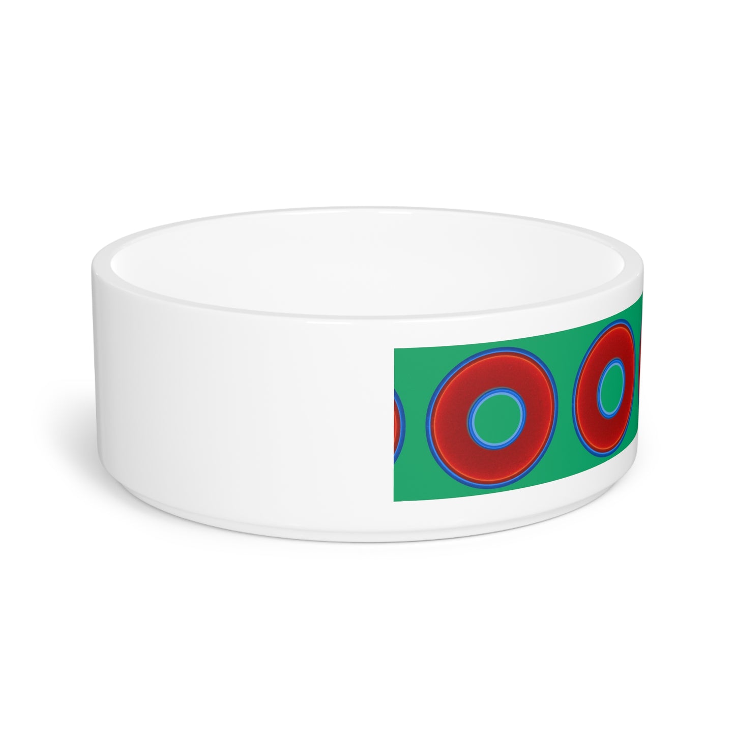 16 oz Lumpy Pet Bowl - vivid red donuts w/jade green background