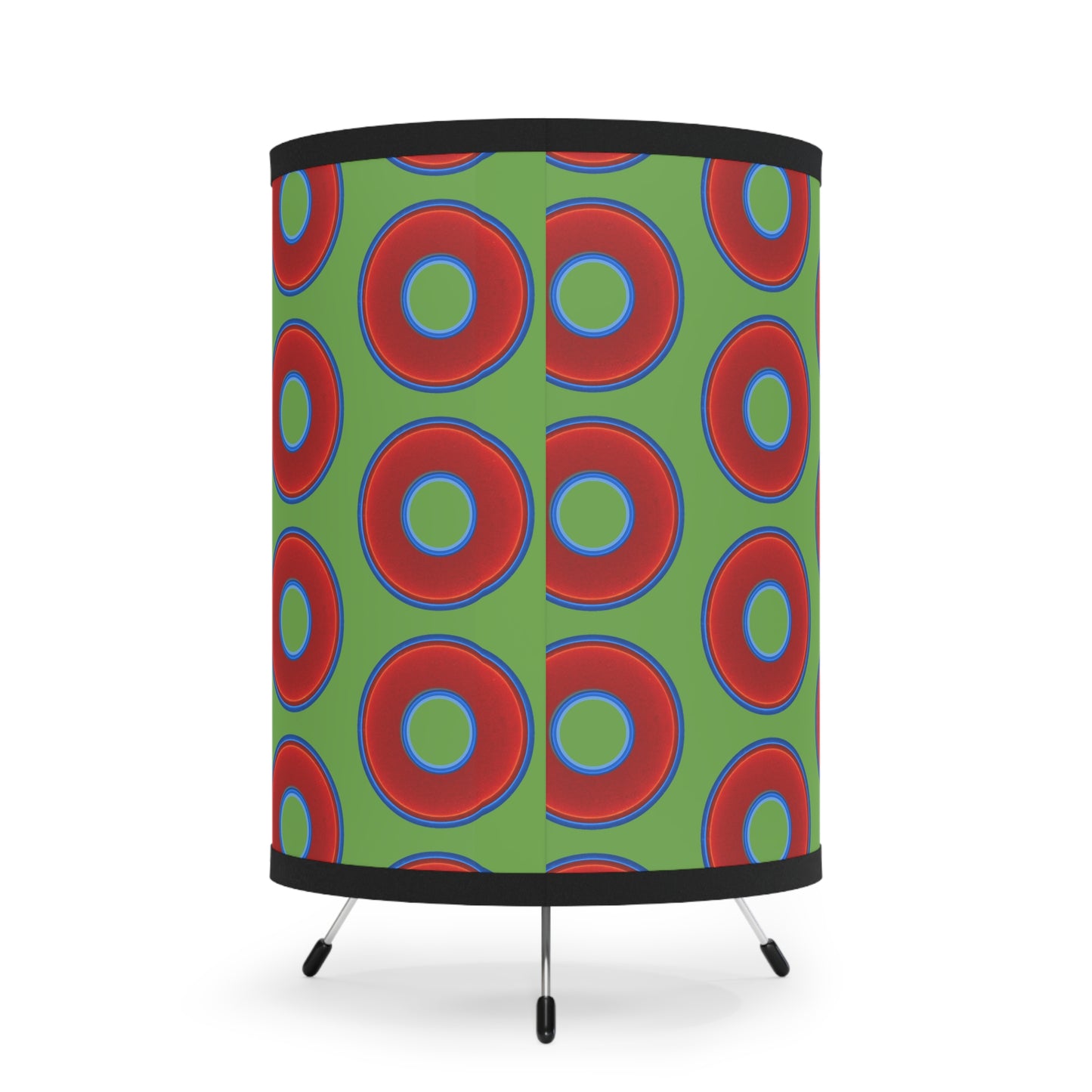 Lumpy Tripod Donut Lamp - vivid red donuts w/light green background