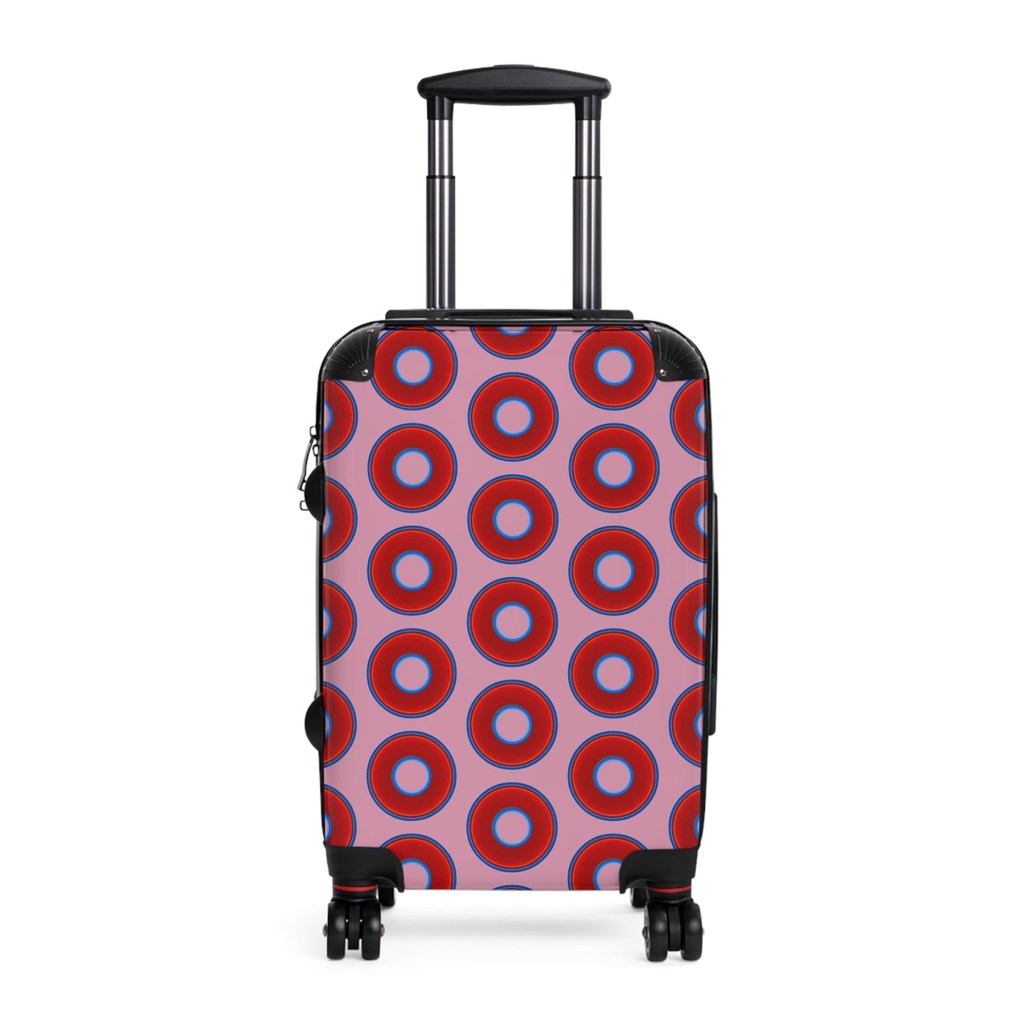 Very Lumpy Donut Suitcase series - your choice of S, M or L - vivid red donut print w/pale magenta background