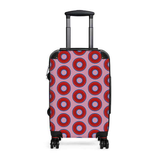 Very Lumpy Donut Suitcase series - your choice of S, M or L - vivid red donut print w/pale magenta background