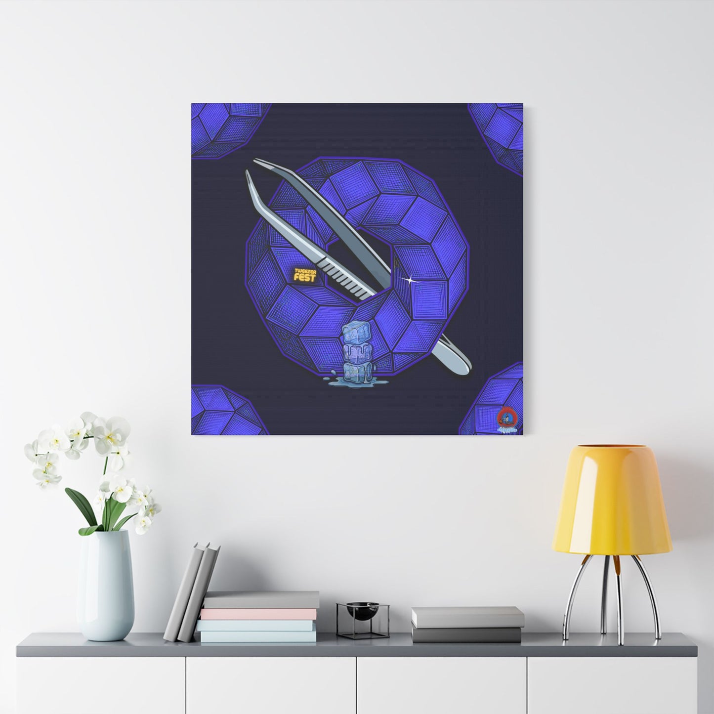 GIANT  Canvas [36" x 36"] - "Uncle Ebenezer's Donut" - blue cubed donuts - w/donut pattern - variant 2