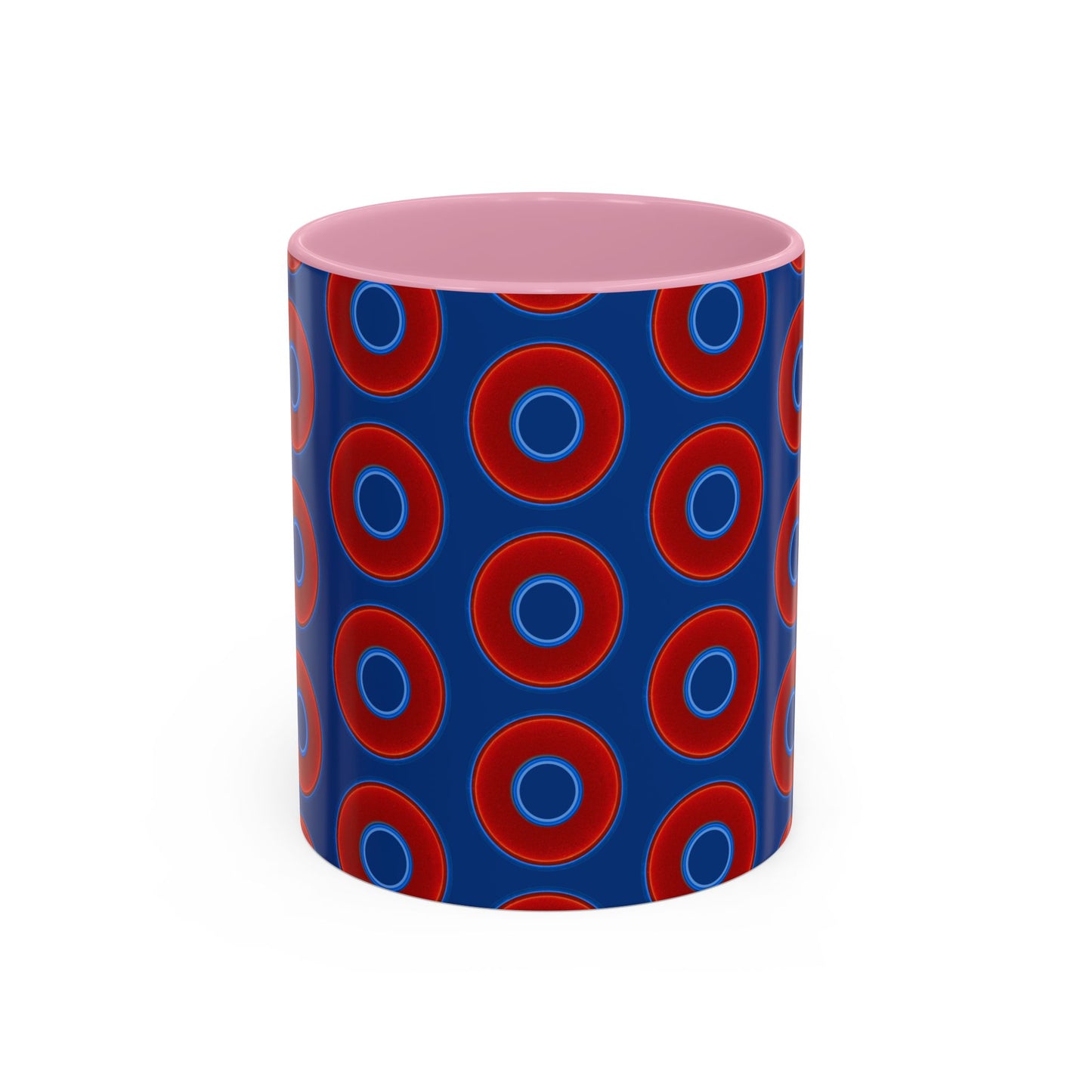 Lump's Grumpy Coffee Mug - vivid red donuts w/dark blue background