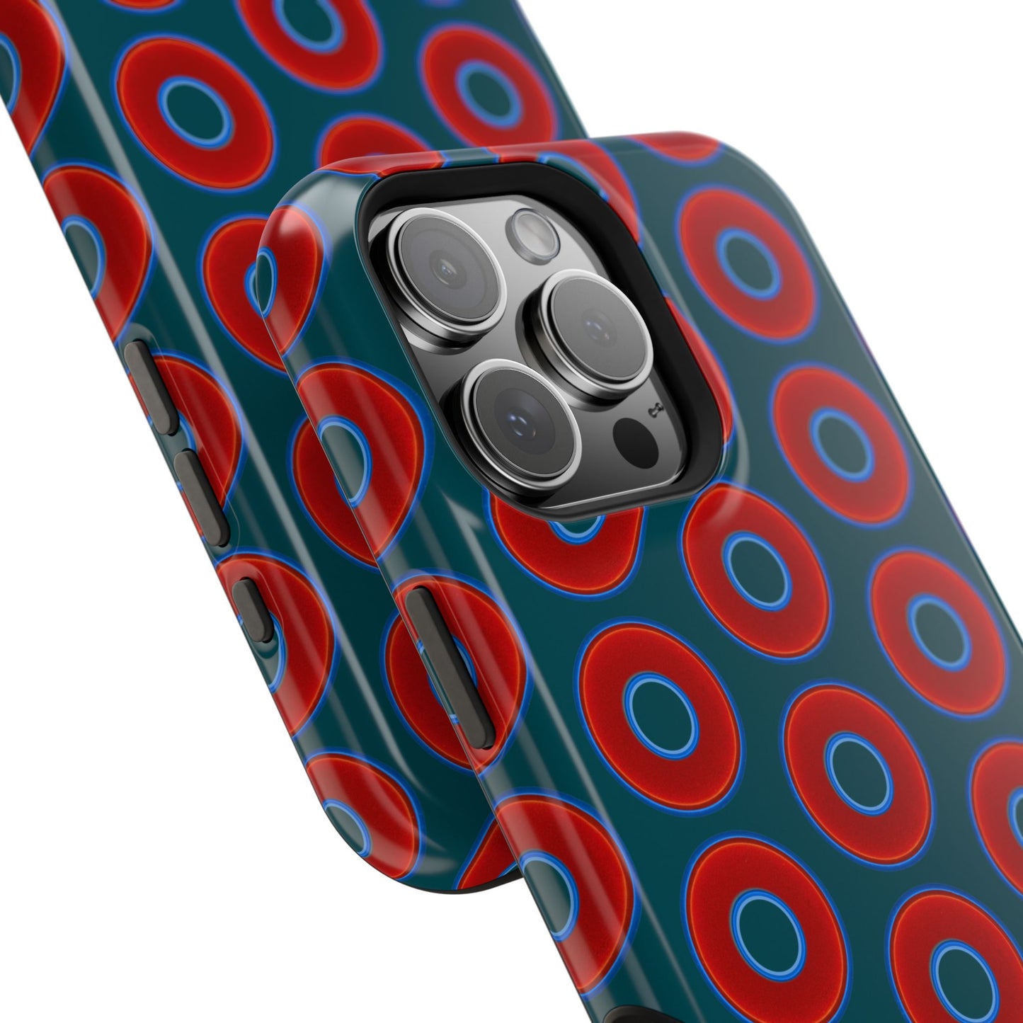 Impact-Resistant Lumpy Donut Case - red vivid donut print w/midnight green background