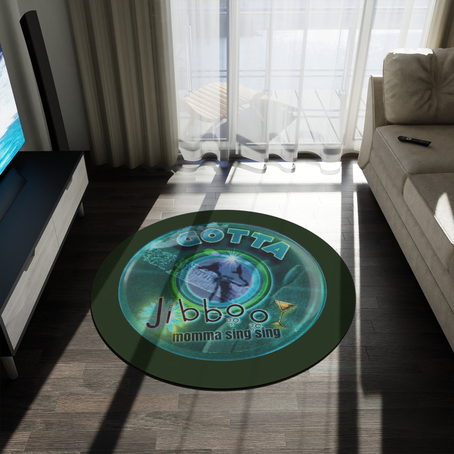 Round Room - 5 ft x 5 ft Lumpy Donut Rug - "Gotta Donut Rug? " - vivid dark teal donut w/deep forest green background