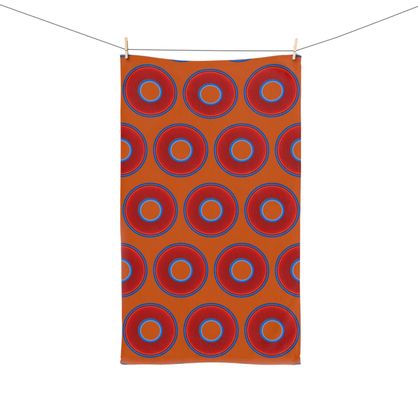 Lumpy Kitchen/Hand Towels - vivid red donuts w/dark orange background