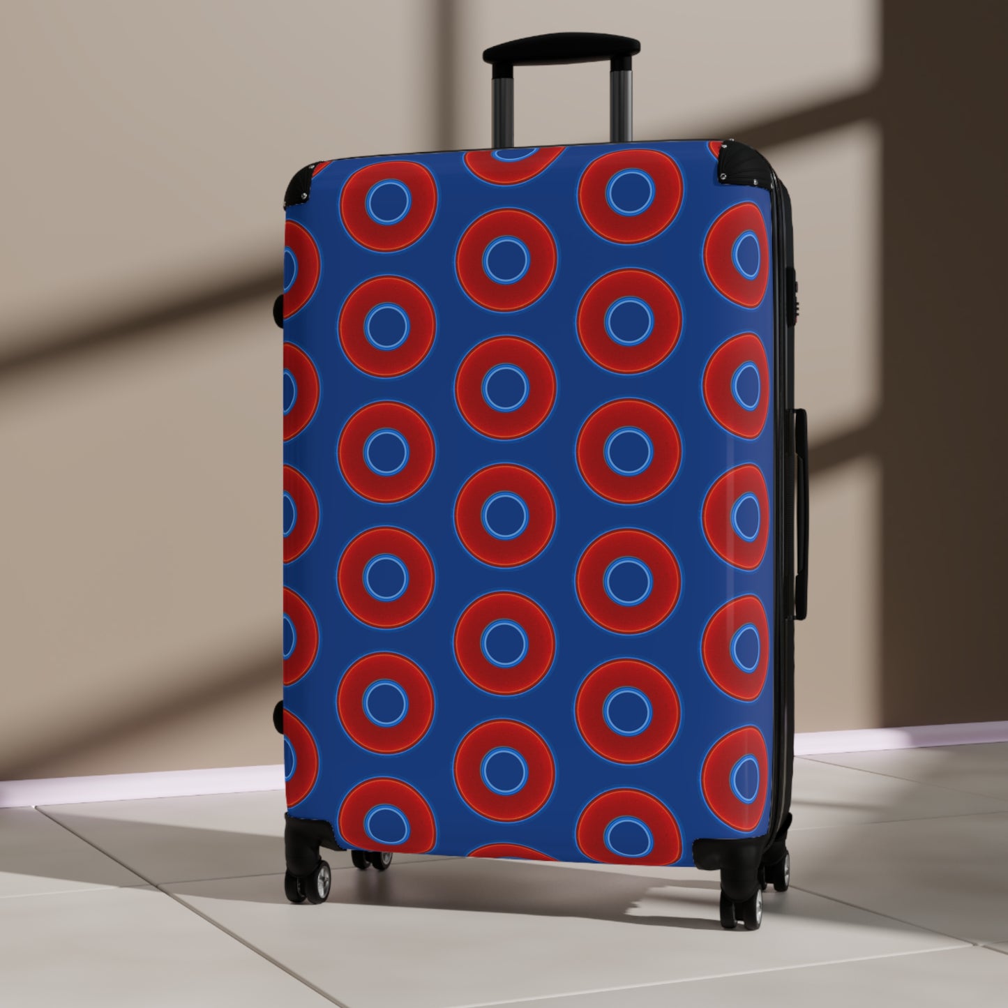 Very Lumpy Donut Suitcase series - your choice of S, M or L - vivid red donut print w/dark blue background