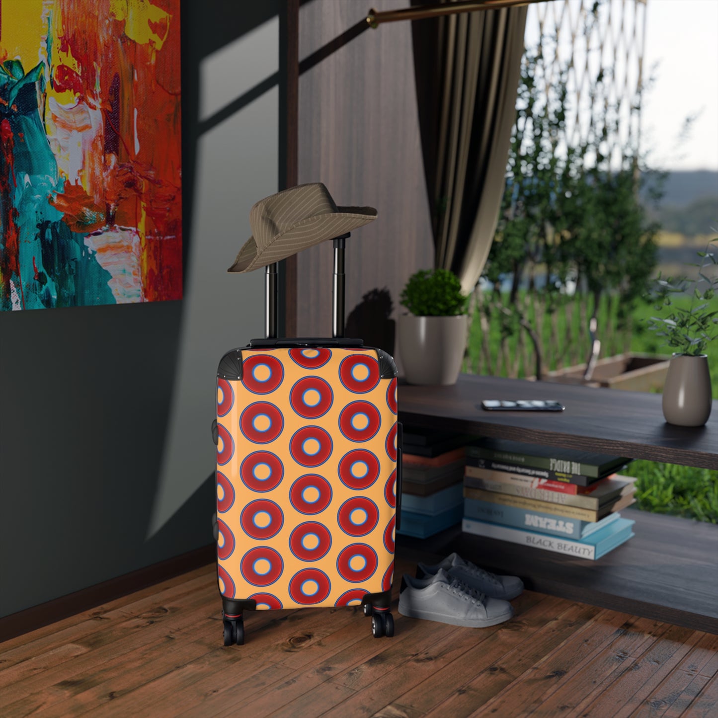 The Very Lumpy Donut Suitcase series - your choice of S, M or L - vivid red donut print w/creamcicle orange background