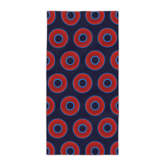 Lumpy Donut Towels - vivid red donuts w/midnight blue background