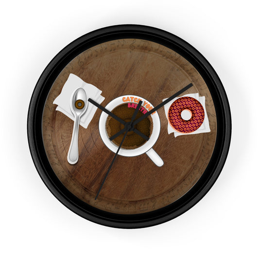 Lumpy Wall Clock - "It's Time for Coffee & Donuts" - wooden/table donut w/black background