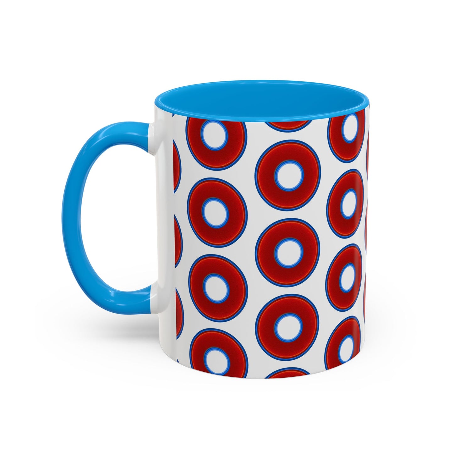 Lump's Grumpy Coffee Mug - vivid red donuts w/white background