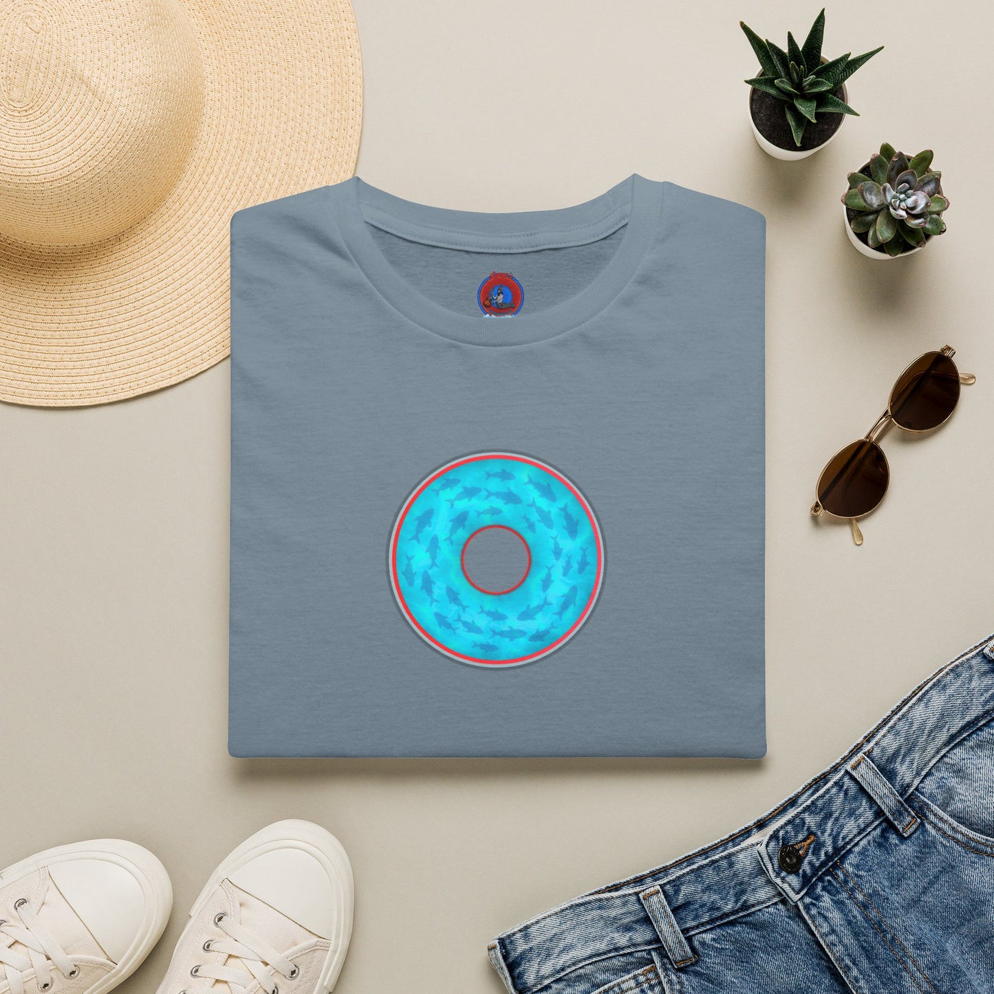 Classic Donut Tee - Unisex Soft-Style - "Skoolie of Phishies" - vivid sea donut - w/light blue water - variant 1