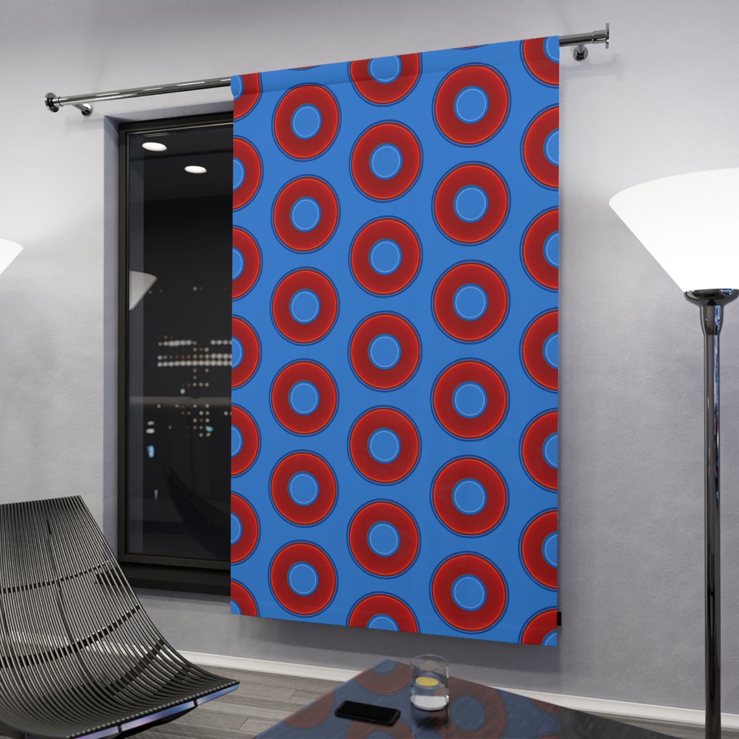 Lump's Heady Curtain w/Donuts - vivid red donut print - w/light royal blue background - [*1 Piece / 50" x 84"]